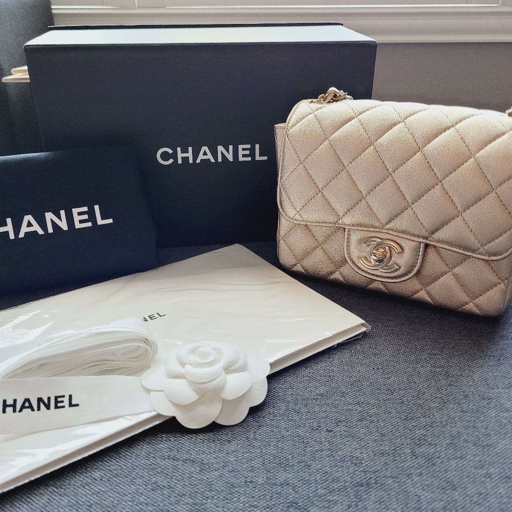 *Sold* BNWT Rare Chanel Classic Mini Square Crossbody Iridescent Metallic Gold